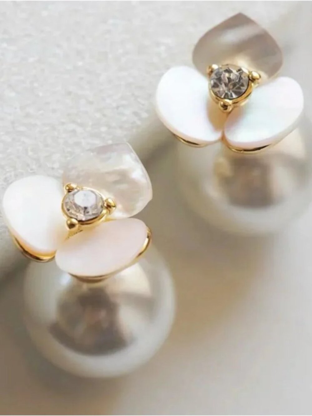 Kate Spade Mother of Pearl Flower Pearl Drop Stud Earrings Gold Floral Earrings - Picture 3 of 3